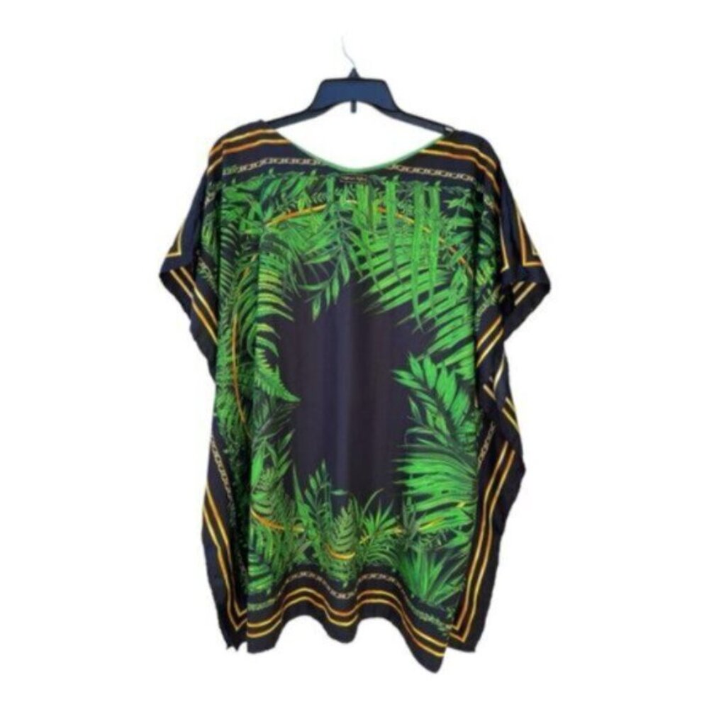 Green Botanical Gold Chain Print 100% Silk Short Caftan One Size - Picture 3 of 8